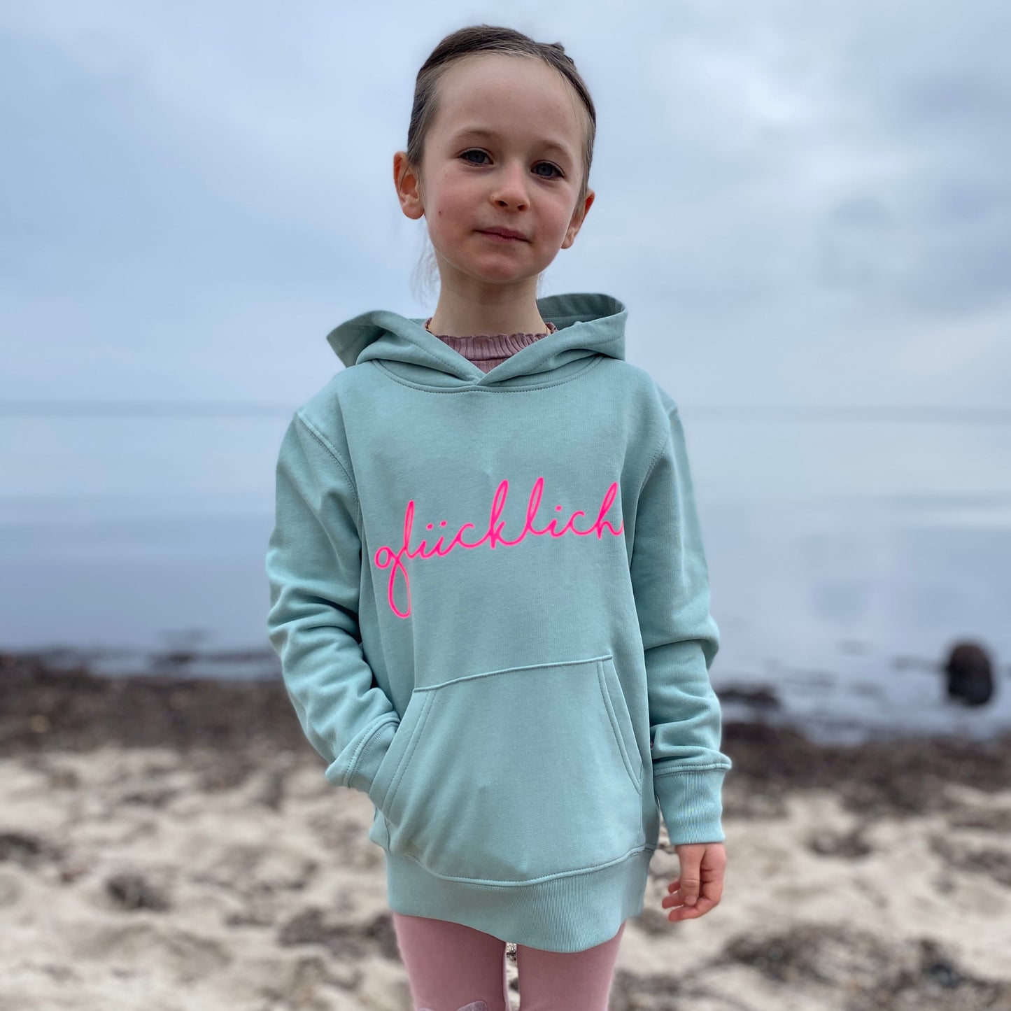 Kinder Kapuzenpullover Hoodie GLÜCKLICH (aloe/pink) loving soul