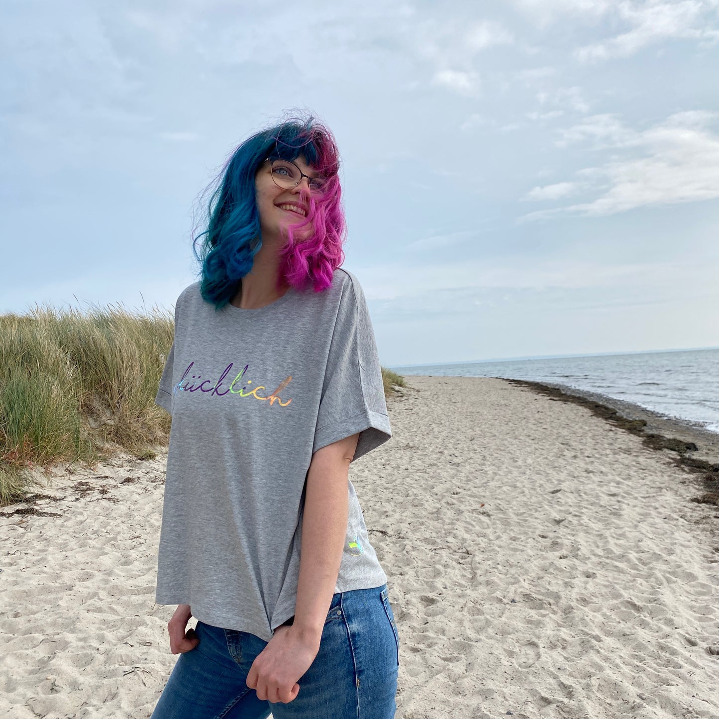 T-Shirt GLÜCKLICH (heather grey/rainbow) loving soul