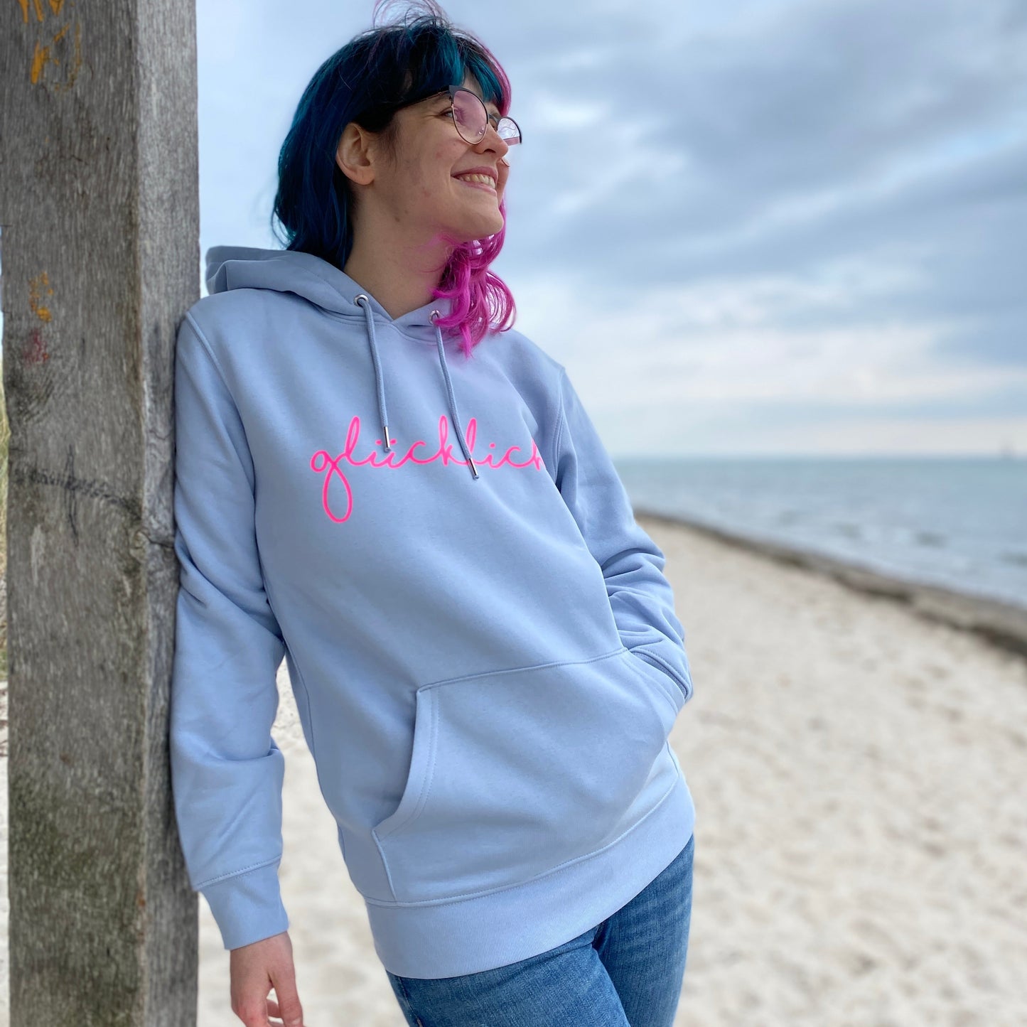 Kapuzenpullover Hoodie GLÜCKLICH (serene blue/pink) loving soul