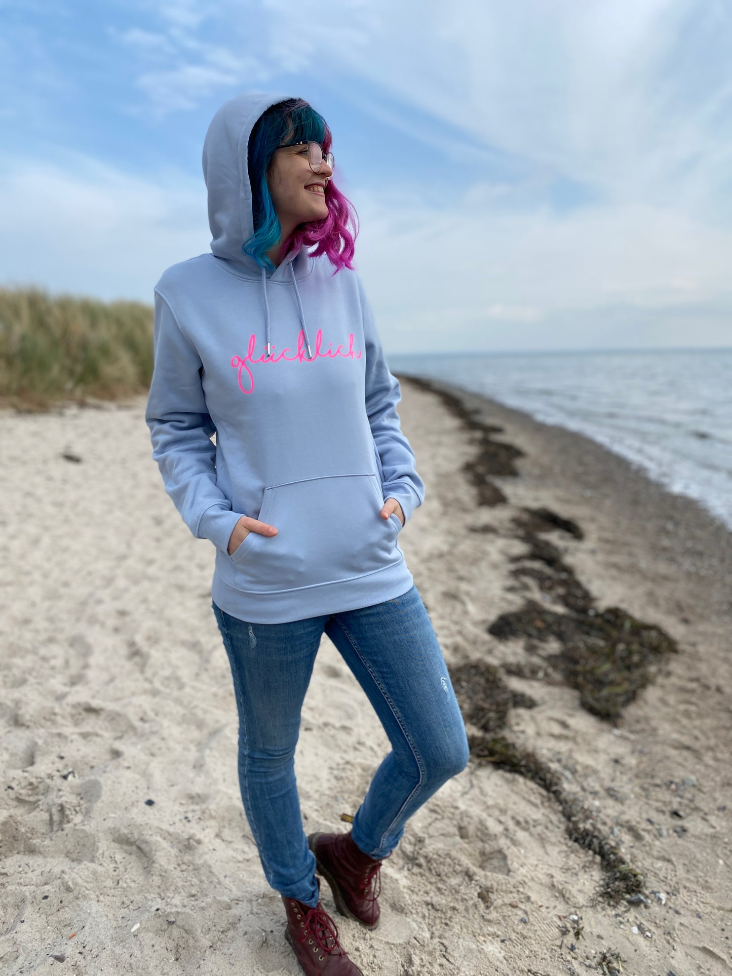 Kapuzenpullover Hoodie GLÜCKLICH (serene blue/pink) loving soul
