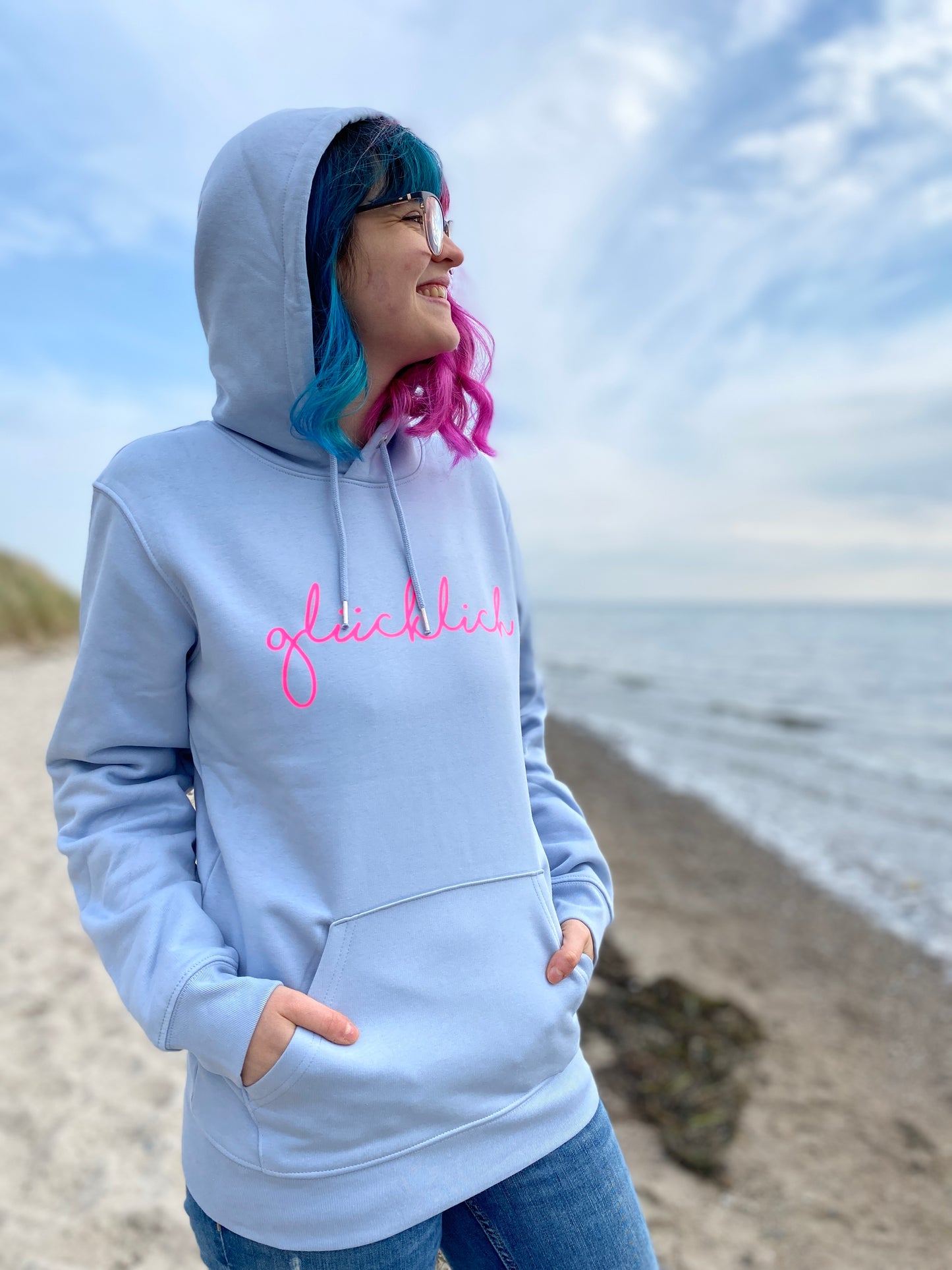 Kapuzenpullover Hoodie GLÜCKLICH (serene blue/pink) loving soul