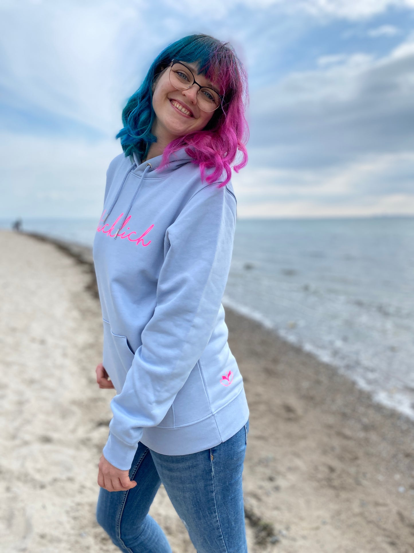 Kapuzenpullover Hoodie GLÜCKLICH (serene blue/pink) loving soul