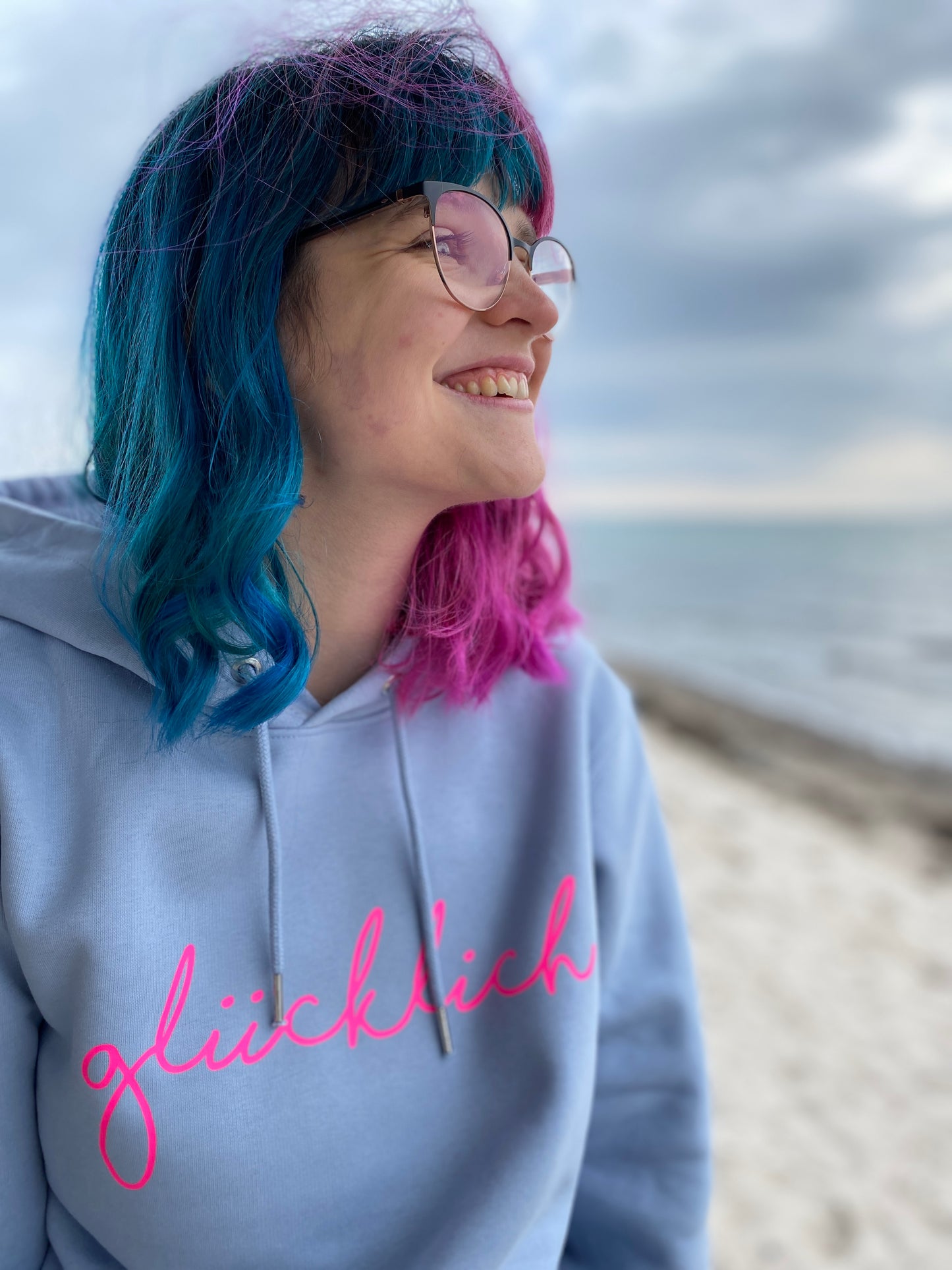 Kapuzenpullover Hoodie GLÜCKLICH (serene blue/pink) loving soul
