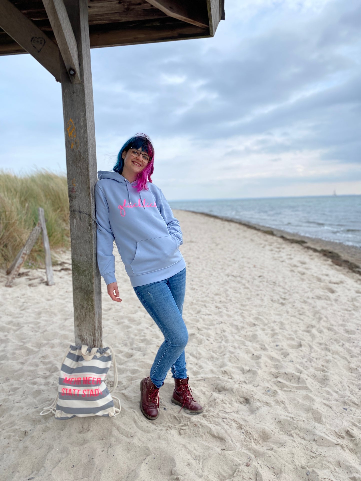 Kapuzenpullover Hoodie GLÜCKLICH (serene blue/pink) loving soul