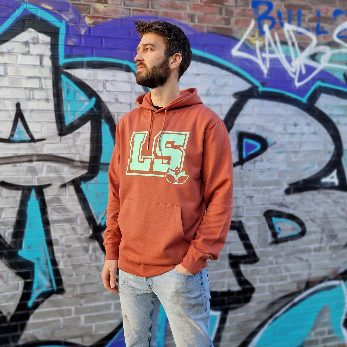 LS Hoodie heritage brown mint print Vorderseite