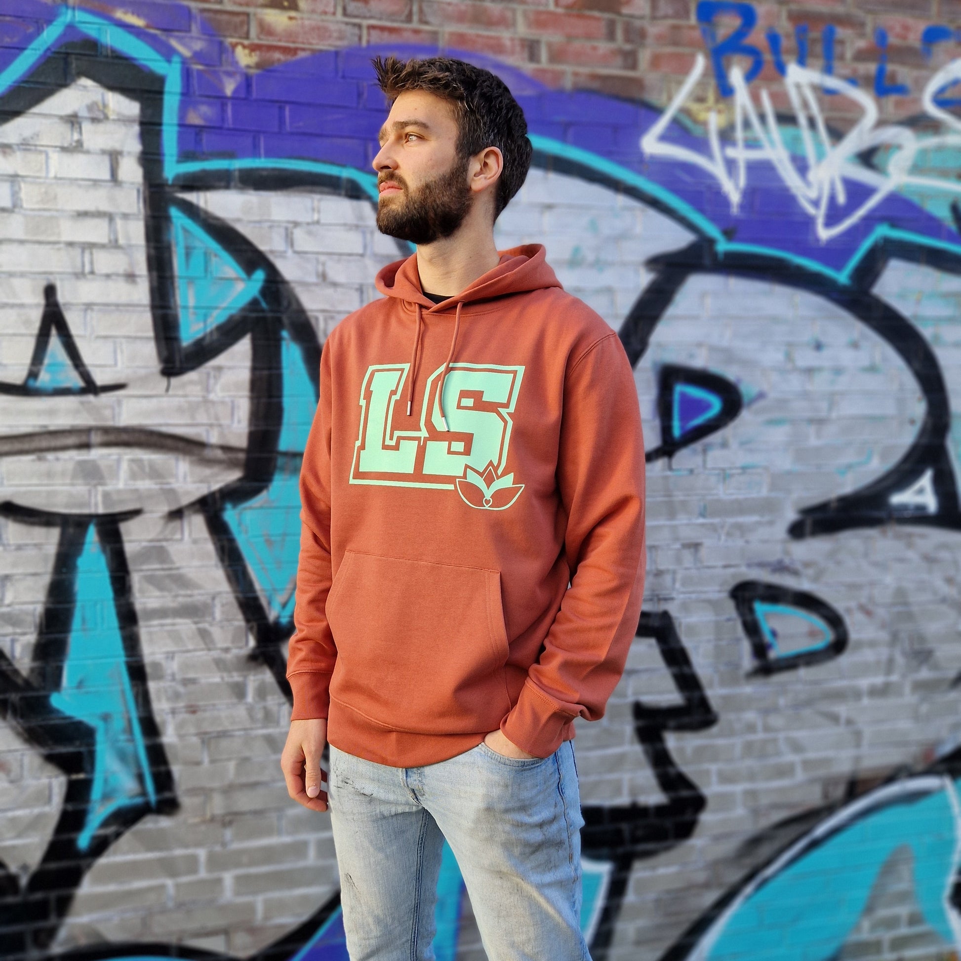 LS Hoodie heritage brown mint print Vorderseite